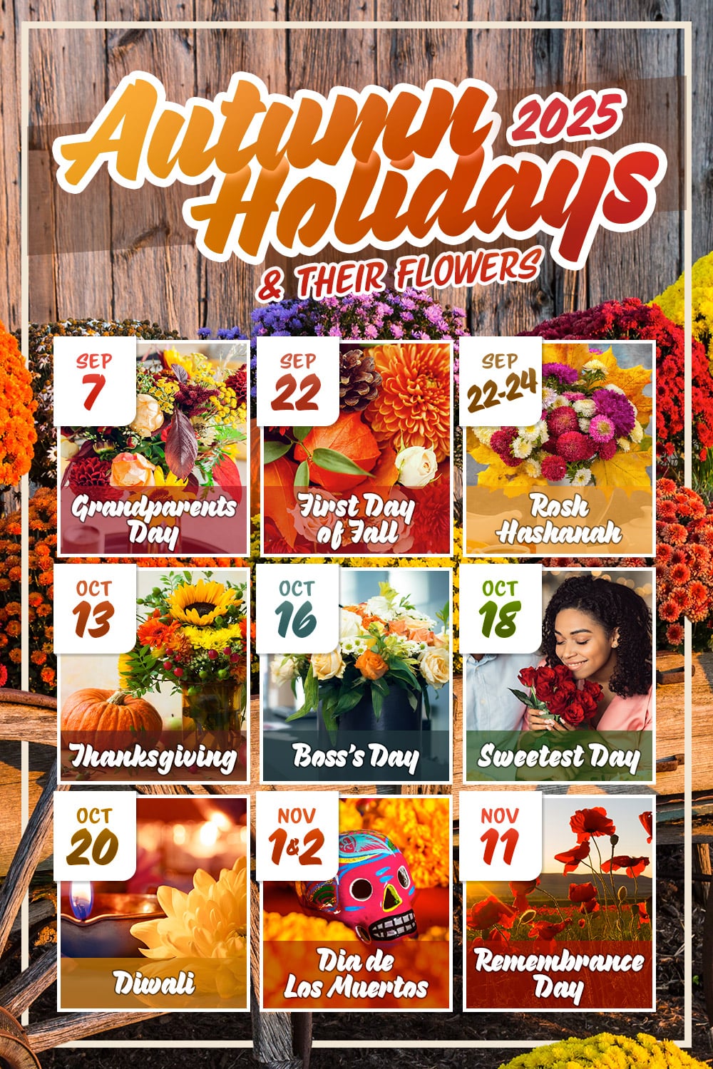 Autumn Holidays 2025 calendar features dates and flowers: Grandparents Day (Sep 7), First Day of Fall (Sep 22), Rosh Hashanah (Sep 22-24), Thanksgiving (Oct 13), Boss's Day (Oct 16), Sweetest Day (Oct 18), Diwali (Oct 20), Dia de Los Muertos (Nov 1-2), Remembrance Day (Nov 11). Vibrant flowers complement each holiday.