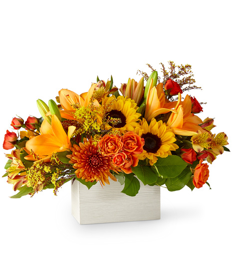 Bouquet of Fall Flowers in a Wooden Box