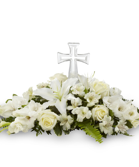 White sympathy flowers with glass cross