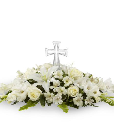 White sympathy flowers with glass cross