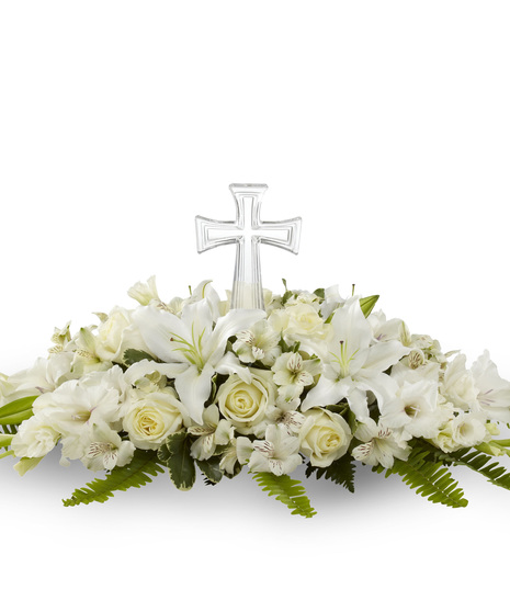 White sympathy flowers with glass cross