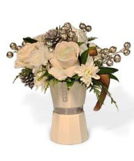 Elegant white Christmas arrangement designed inside a stovetop espresso maker