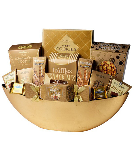 Mix of gourmet gifts including cookies, fudge, and popcorn