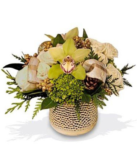 white, gold and green Christmas centerpiece in gold ceramic container