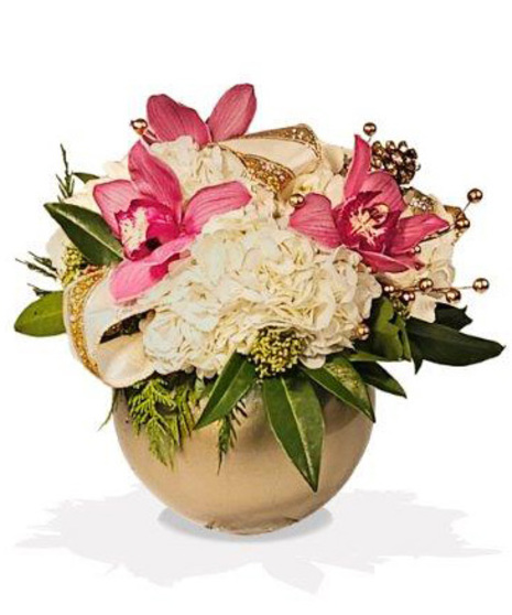 Christmas arrangement in a gold fish bowl vase with hydrangeas and cymbidium orchids