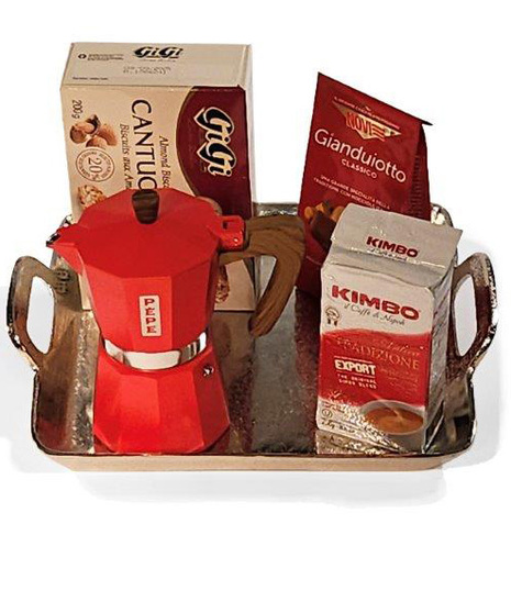 Includes espresso maker, ground coffee, chocolates, and biscuits