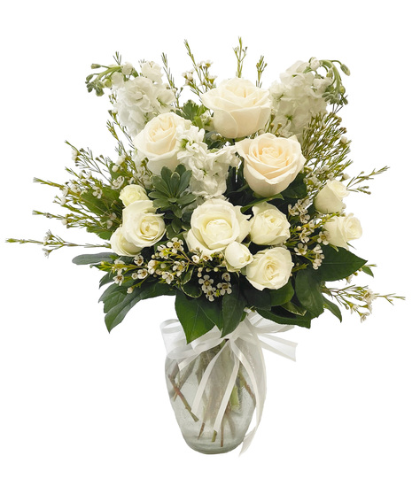 White Flowers designed in a clear glass vase