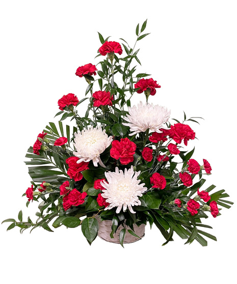 Wicker Basket of White and Red Sympathy Flowers