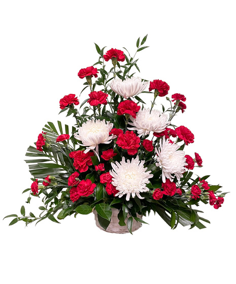 Wicker Basket of White and Red Sympathy Flowers