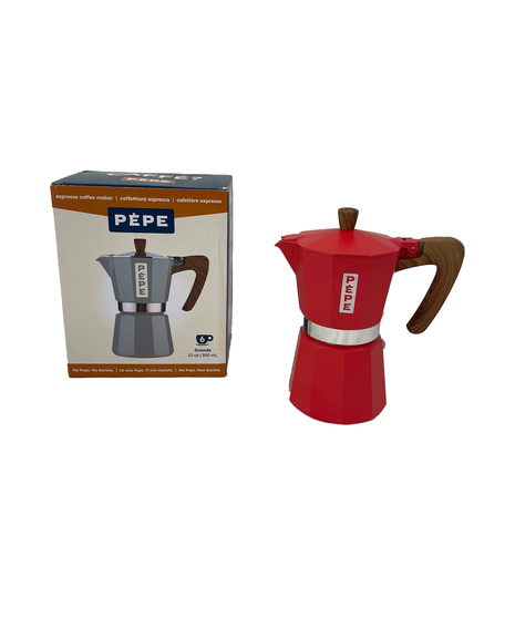 Large Pepe Moka espresso coffee maker available in red, blue cream and black