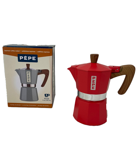 Small Pepe Moka espresso coffee maker available in red and blue