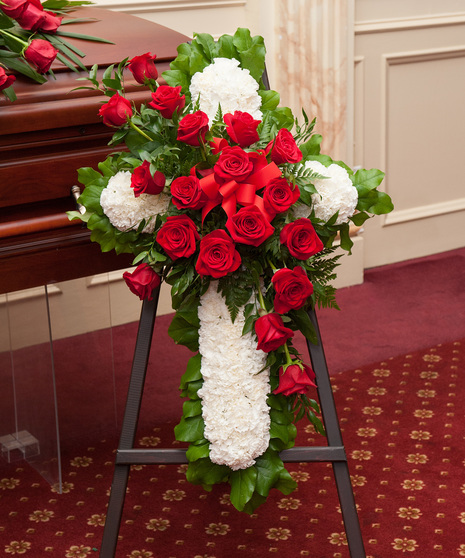 Red Rose and White Mum Sympathy Cross