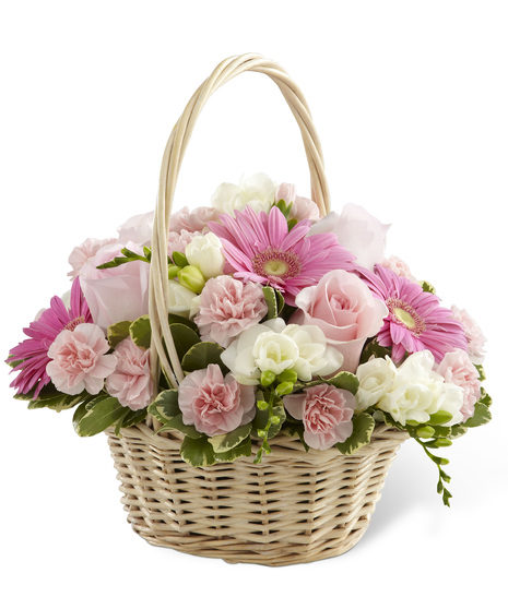 Pink and White Flowers in a Handled Basket