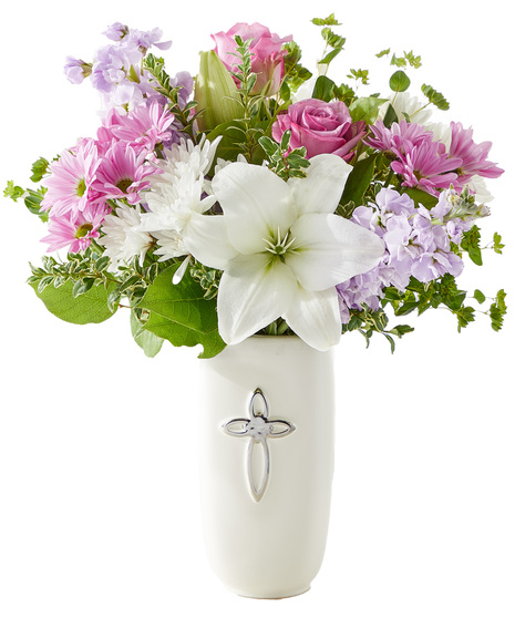 Sympathy arrangement with daisies, roses, tock and lilies in ceramic pot with silver cross.