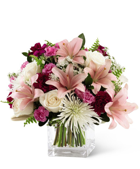 Cube Vase of Pink, Cream and Burgundy Sympathy Flowers