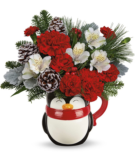 Christmas flowers in a North Pole Penguin Mug