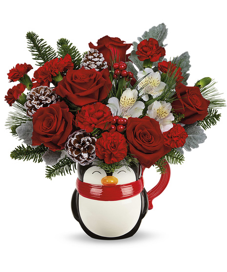 Christmas flowers in a North Pole Penguin Mug