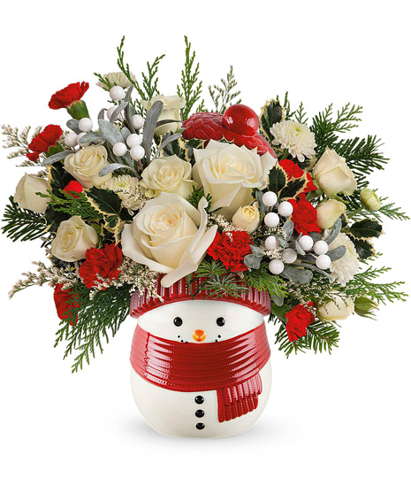 Christmas flowers arranged in the Frosty Wishes Jar