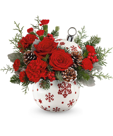 Christmas Arrangement created inside a white and red ornament.