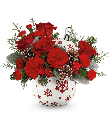 Christmas Arrangement created inside a white and red ornament.