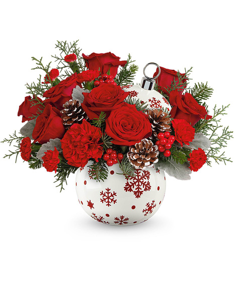 Christmas Arrangement created inside a white and red ornament.