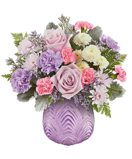 Soft pink and lavender bouquet designed in lavender Dreamy Blooms vase.