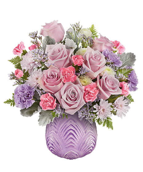 Soft pink and lavender bouquet designed in lavender Dreamy Blooms vase.