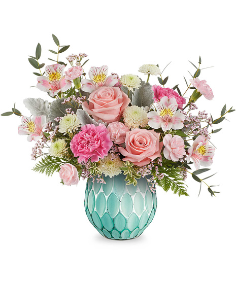 Dream in colour bouquet featuring pink roses, asltroemeria, carnations, and white chrysanthemums in a frosted turquoise vase with a mercury finish.