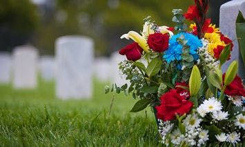 Bouquet of colorful flowers resting on a gravestone in a cemetery, with blurred white headstones and green grass in the background.